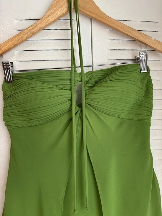 Joseph Ribkoff Size 6 Green Halter Dress | Elegant Draped Chiffon Midi 💚 - Picture 3 of 10